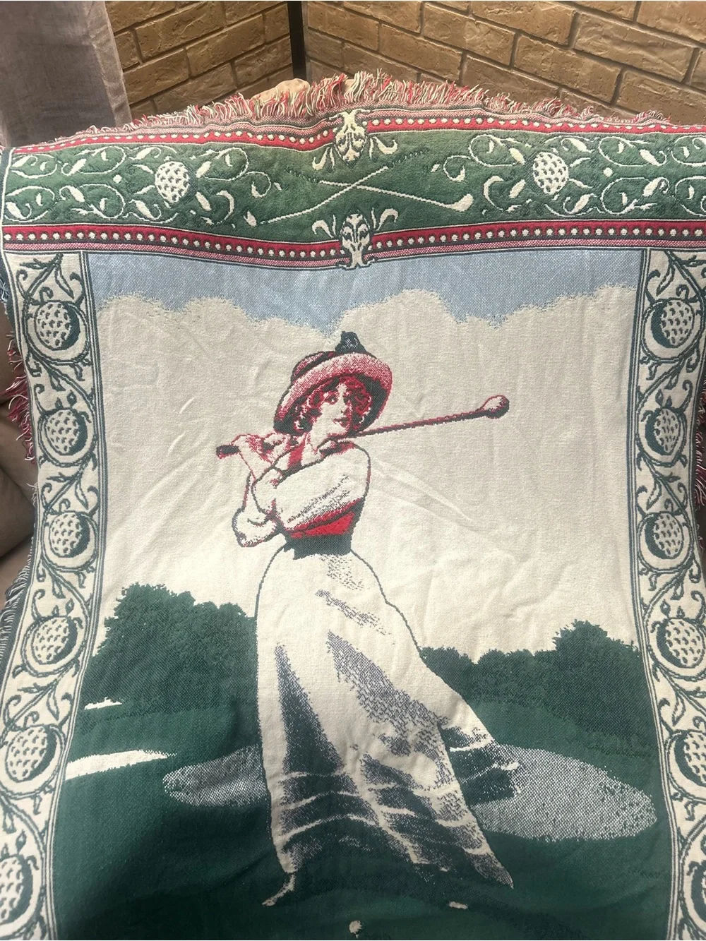 Victorian Woman Golfer Golfing Themed 100% Cotton Woven Tapestry Throw Fringe